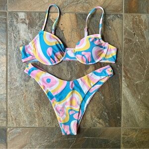 Shein Blue Pink Yellow Swirl Marble Bikini Set Size Large